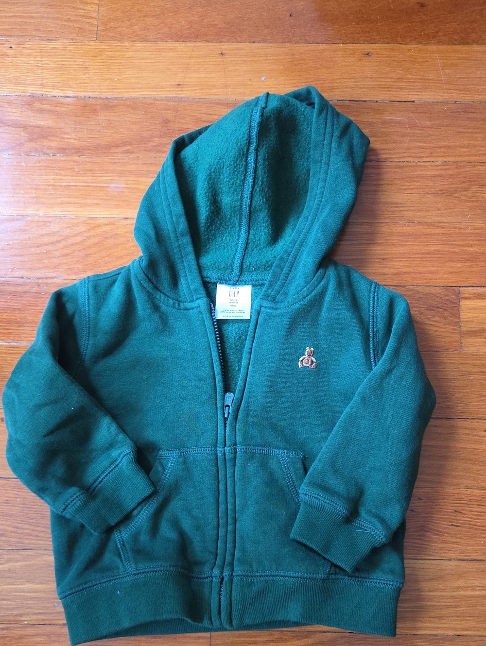 GAP Toddler Forest Green Zip Hoodie with Embroidered Bear